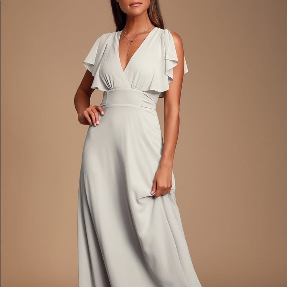 NEW Lulus Dearly Loved Light Grey Flutter Sleeve Maxi Dress NWT Size XS